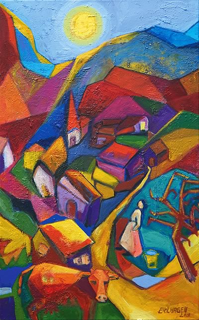 Ellen Erlhagen - 2020 'Bergdorf' : 80 x 50 - Acryl auf Leinwand